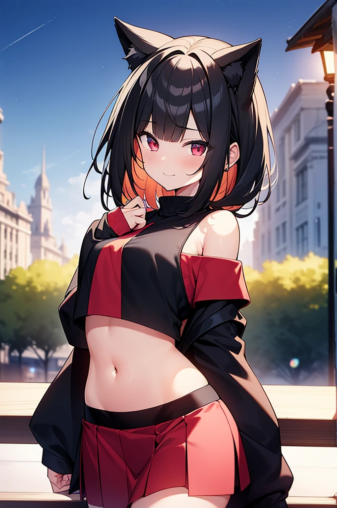(masterpiece), (best quality), (4k resolution), (anatomy; perfect), , 1  girl, fair skin, red eyes, black hair), detailed eyes, perfect face, (locks, bangs), loose hair, (light effects in hair), eyebrow, nose, ear, tight mouth, smiling, sweatshirt OFF SHOULDER TOP, short skirt, tightig chest), (perfect belly), (perfect waist), Beautiful and perfect legs, standing, background scenery, in the park, new year, beautiful night, night lighting, looking at viewer shy, beautiful artstyle, Open front))), (((Navel )))