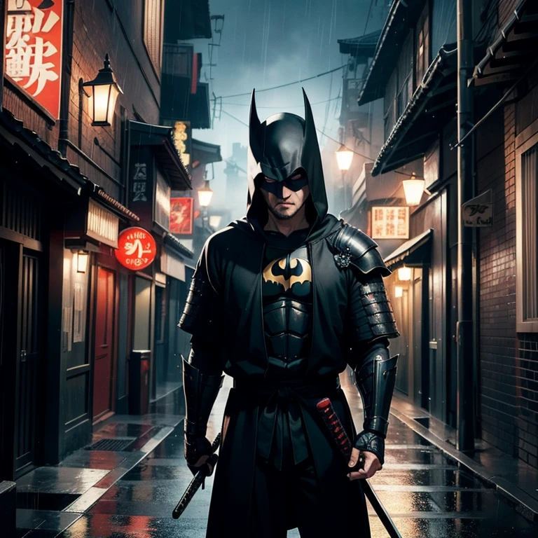 Masterpiece, top quality, 4K UHD,
standing,
dark alley, Batman, Ronin, Samurai, ninja, swords, hooded, mysterious, --auto--
bat-symbol, Gotham City, night, gritty, urban, rain, dripping, shadow, fear, --auto--
masterpiece, high res, photorealistic, wallpaper, comic art, Batman, Ronin, Samurai, armor, katana, frank Miller's Sin City influence.