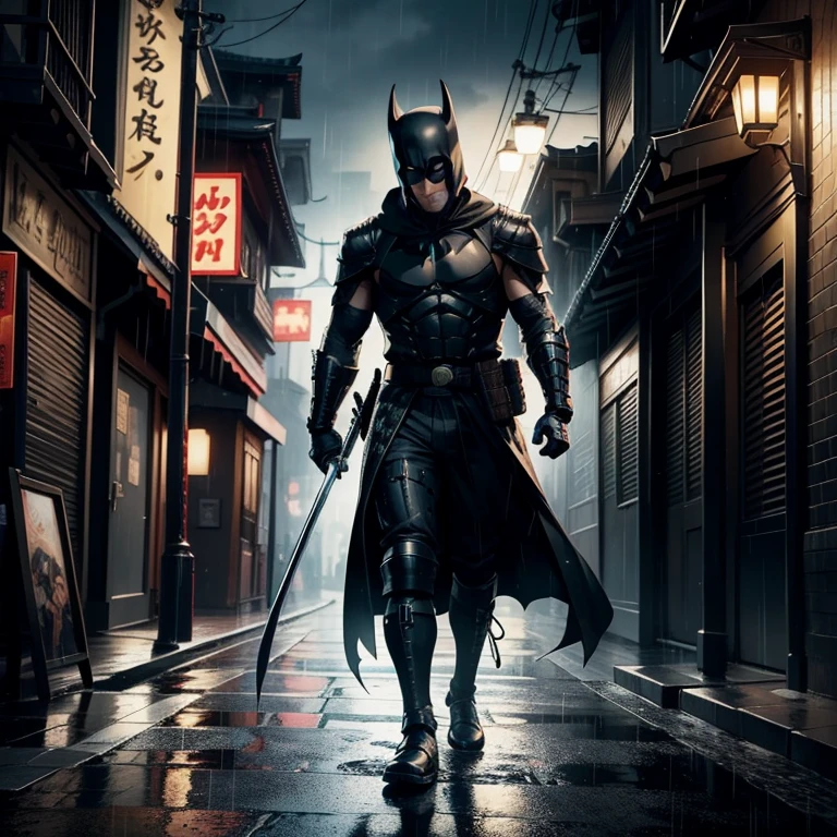 Masterpiece, top quality, 4K UHD,
standing,
dark alley, Batman, Ronin, Samurai, ninja, swords, hooded, mysterious, --auto--
bat-symbol, Gotham City, night, gritty, urban, rain, dripping, shadow, fear, --auto--
masterpiece, high res, photorealistic, wallpaper, comic art, Batman, Ronin, Samurai, armor, katana, frank Miller's Sin City influence.