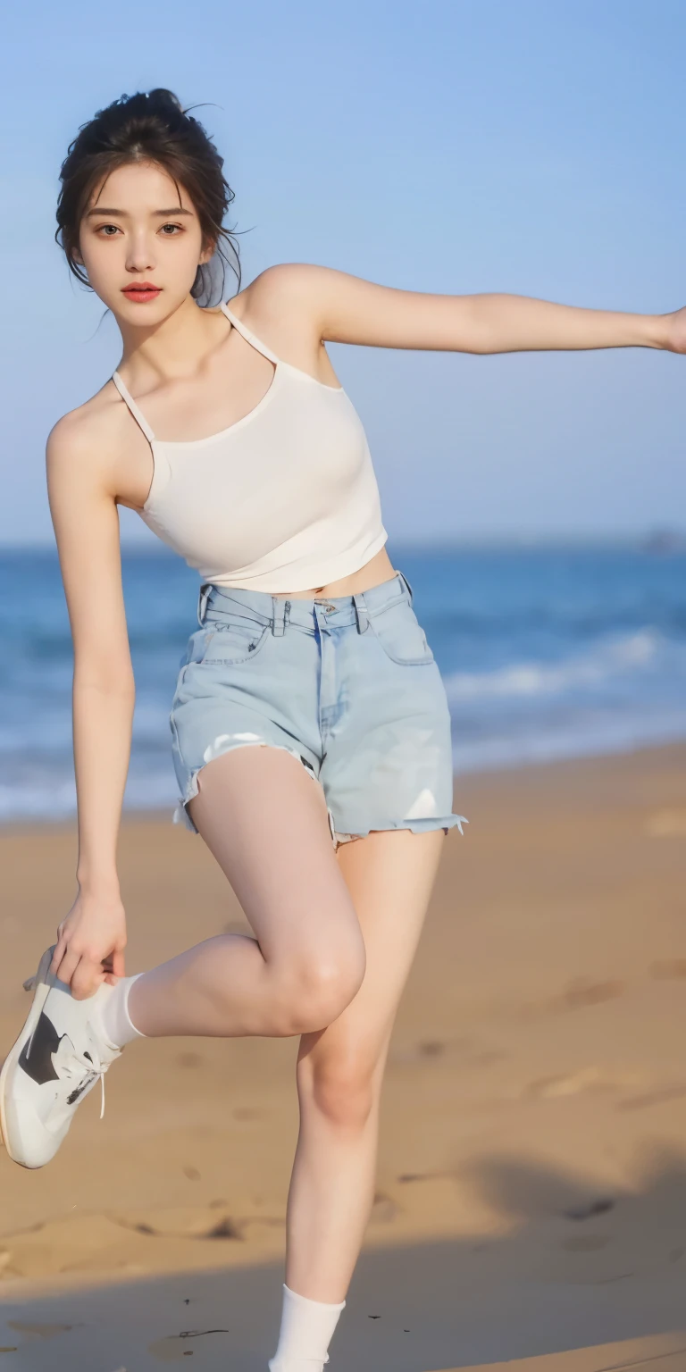 best quality，masterpiece，ultra high resolution，（Realism：1.4），RAW photos，1 girl，long white hair，face highlight，pure，girly，Flush，18 years old，18 years old微笑女同学，pure，Innocent，（best quality，8k，masterpiece:1.3），Oval face，big eyes，long eyelashes，Beautifully（Realistic style），starry eyes，ultimate face，Realistic light and shadow，clear facial features，milky white skin，White skin， High detail skin， Realistic skin details， Visible pores，（Super details），（Perfect body：1.1），long white hair，（dynamic poses），((dynamic background((Volumetric light：1.3))，，jeans，White shirt，Fairy spirit，plump breasts，Navel exposed