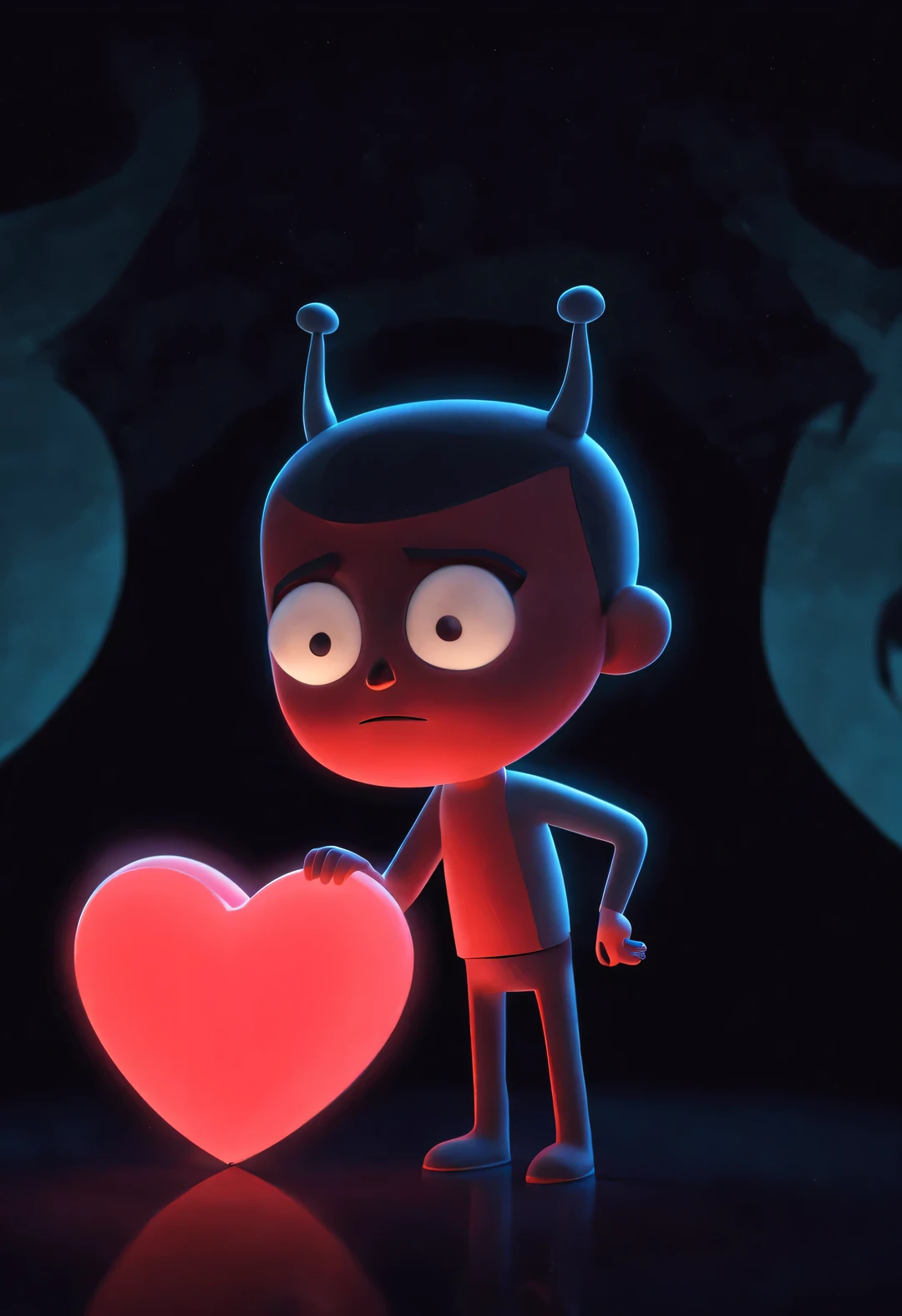 （A cartoon crescent-shaped obscene little eye is hidden in the red heart chamber.：1.3），（Glowing clear simple heart shape：0.9），Black light art，cartoonish style，comic style ，fantasy，，3d rendering，, modern, Surrealism，Pixar