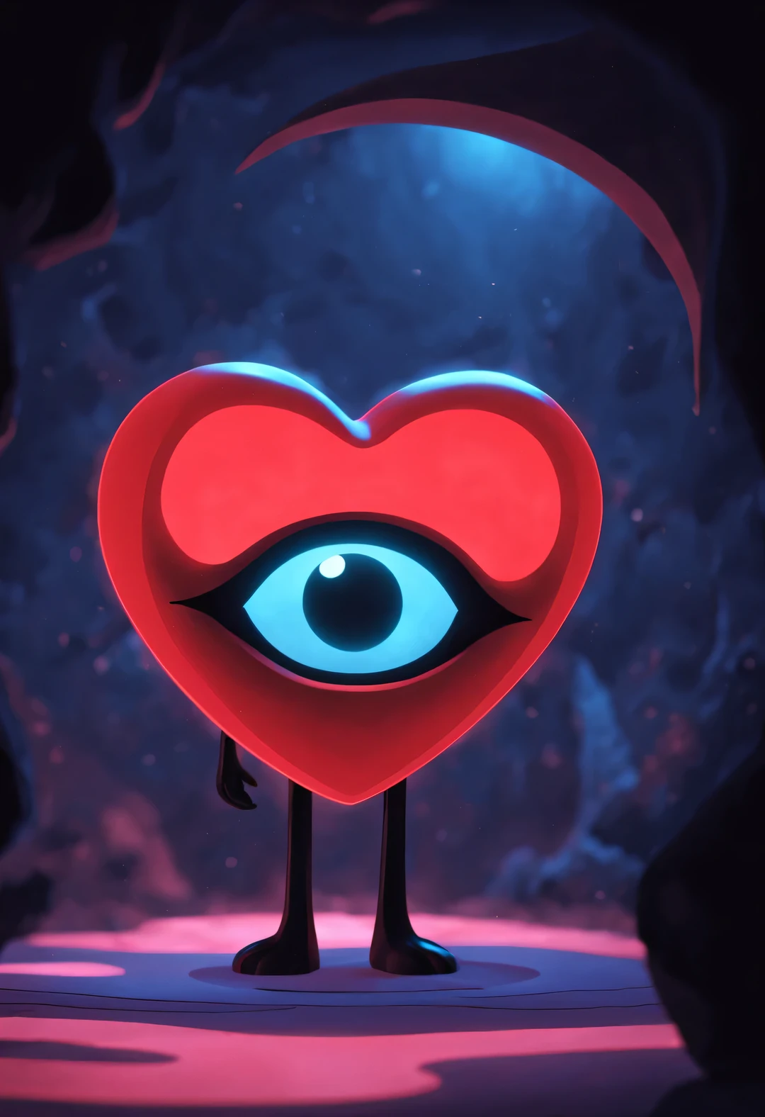 （A cartoon crescent-shaped obscene little eye is hidden in the red heart chamber.：1.3），（Glowing clear simple heart shape：0.9），Black light art，cartoonish style，comic style ，fantasy，，3d rendering，, modern, Surrealism，Pixar