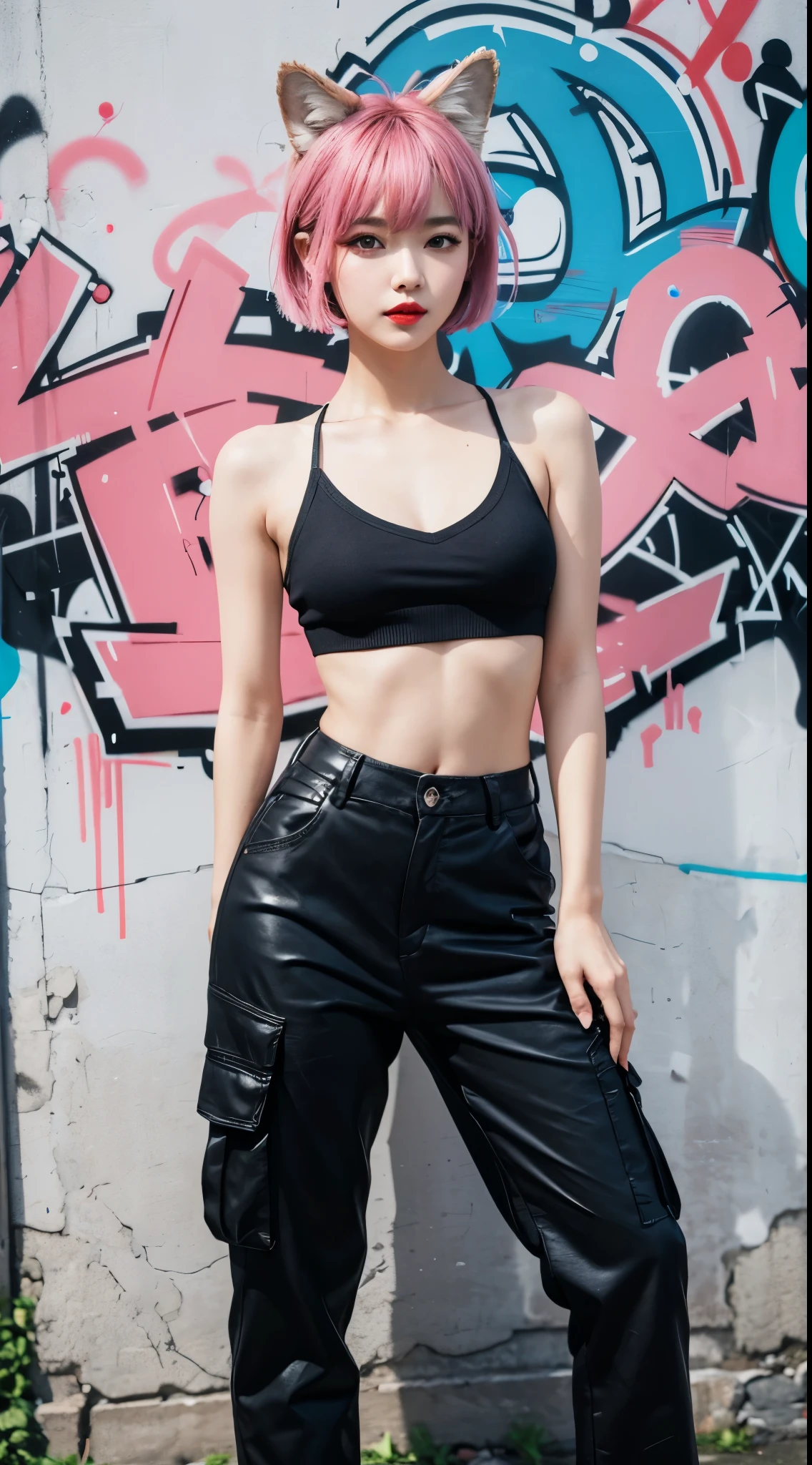 Girl in y2k costume, blonde short hair, blonde short hair, blonde short hair, Emo Pin up Girl, y2k outfit, y2k, 80s, Striking a pose, natural make up, skinny girl, sassy girl, it girl, sunny day, bright sun, on the street of new york city, cars stopped because of her, a lot of peoples mocking at her bt she's don't care, everybody busy looking at her, it girl stuff, 80s atmosphere, midshot, cowboy shot, centered image, wearing printed heart collar, wearing white band top, wearing black two tone cargo pants, wearing sport wristband