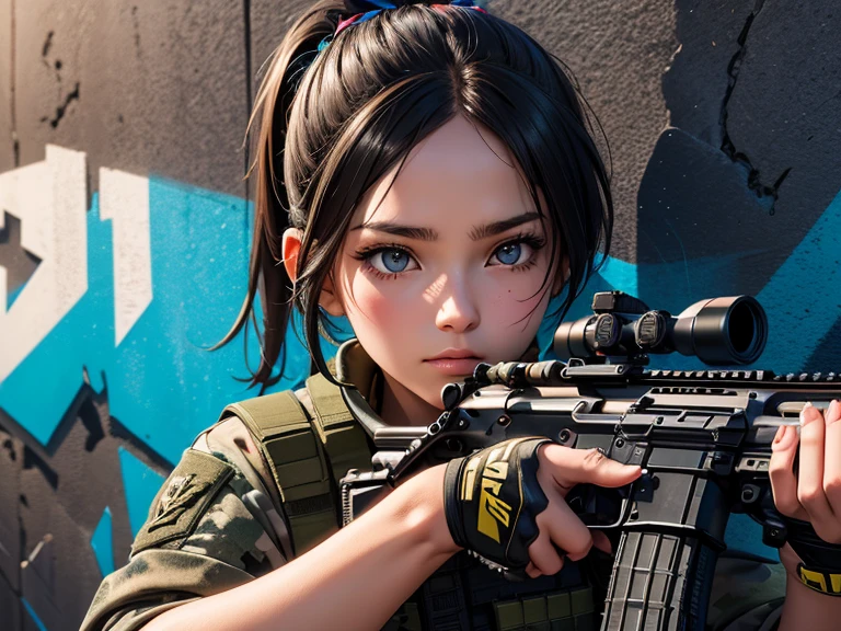 best quality), (high detail), (vivid colors), (tactical style), (tactical), (Close up), (1girl), a beautiful female soldier with a assault rifle, leaning against a damaged wall with bullet holes in it, HDR, 4K, 3D, graffiti art style.