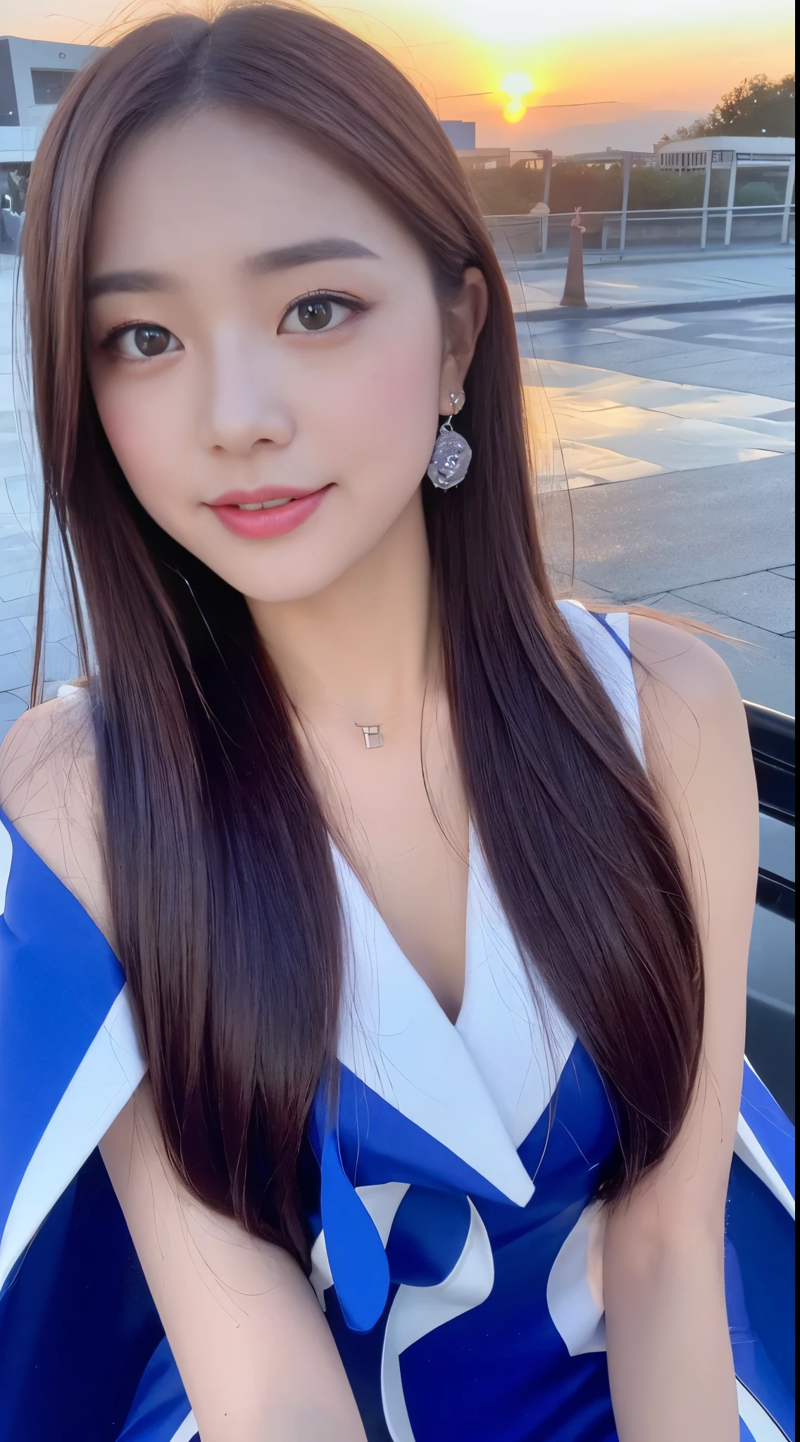 A close up of a woman in a blue and white dress - SeaArt AI