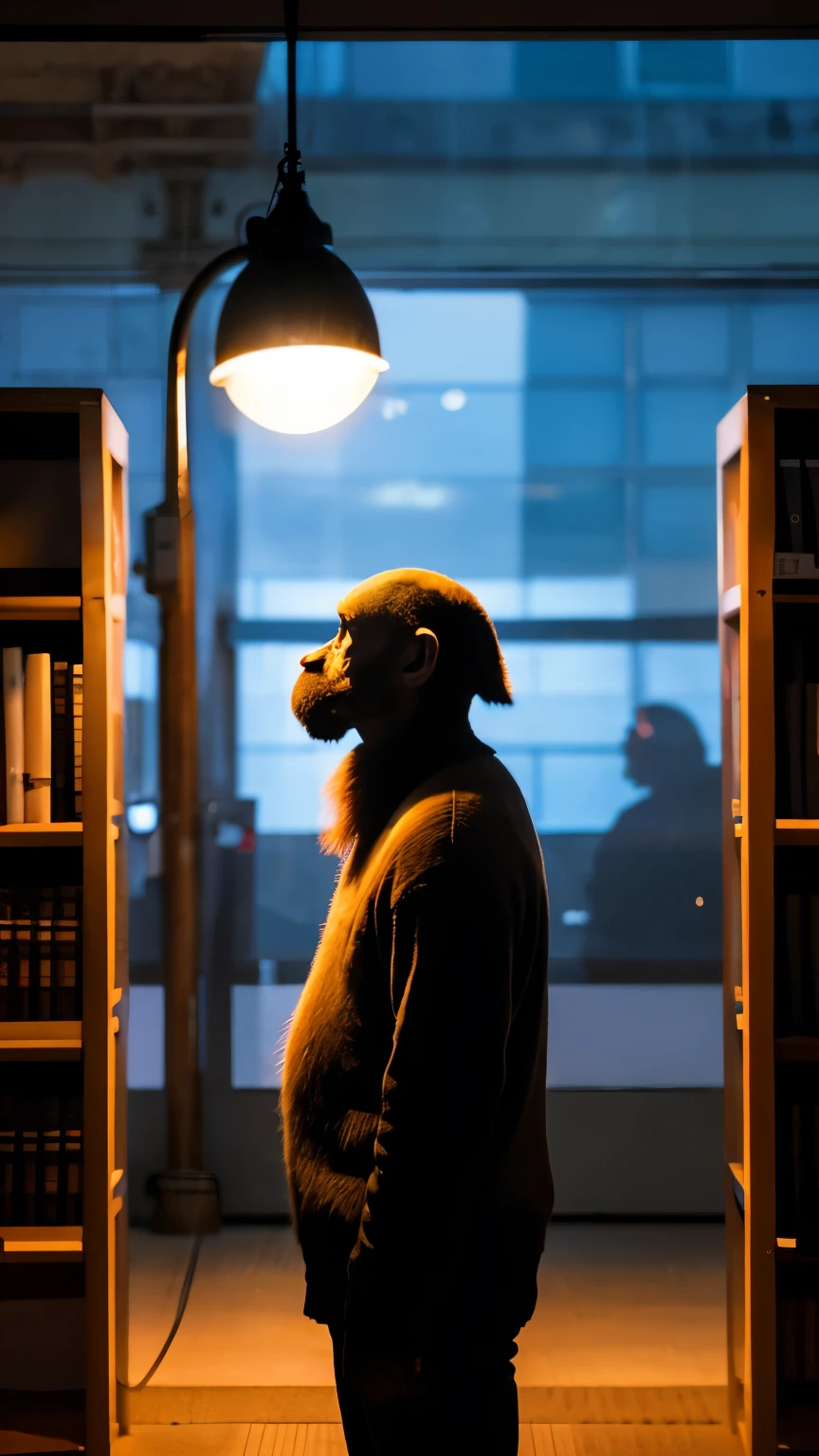 A wise ape standing in front, illuminated by the light of a lamp, against the backdrop of a library