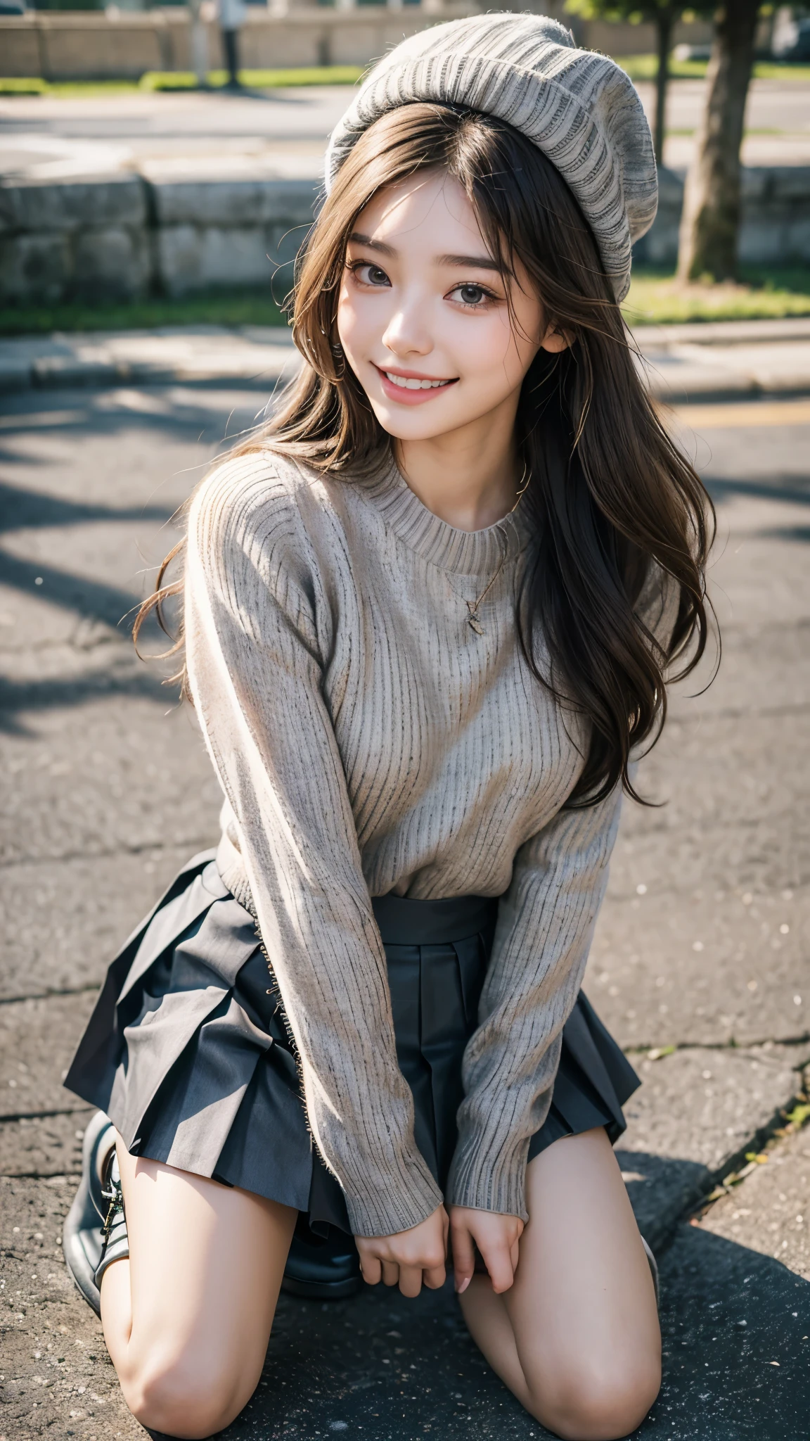 highest quality, masterpiece, ultra high resolution, (realistic:1.4), (close portrait) Raw photo, 1 girl, 22 years old,((kneeling down and looking at the viewer)),((upward glance)), (((A-line check pleated skirt))),(((Gray sweater))),(((beret))), ((platform boots)),masterpiece, realistic pictures, japanese pictures, fuji negative film, saturation, contrast, Pocari Sweat Advertisement ((small breasts)),((smiling showing teeth)),long hair,brown hair,