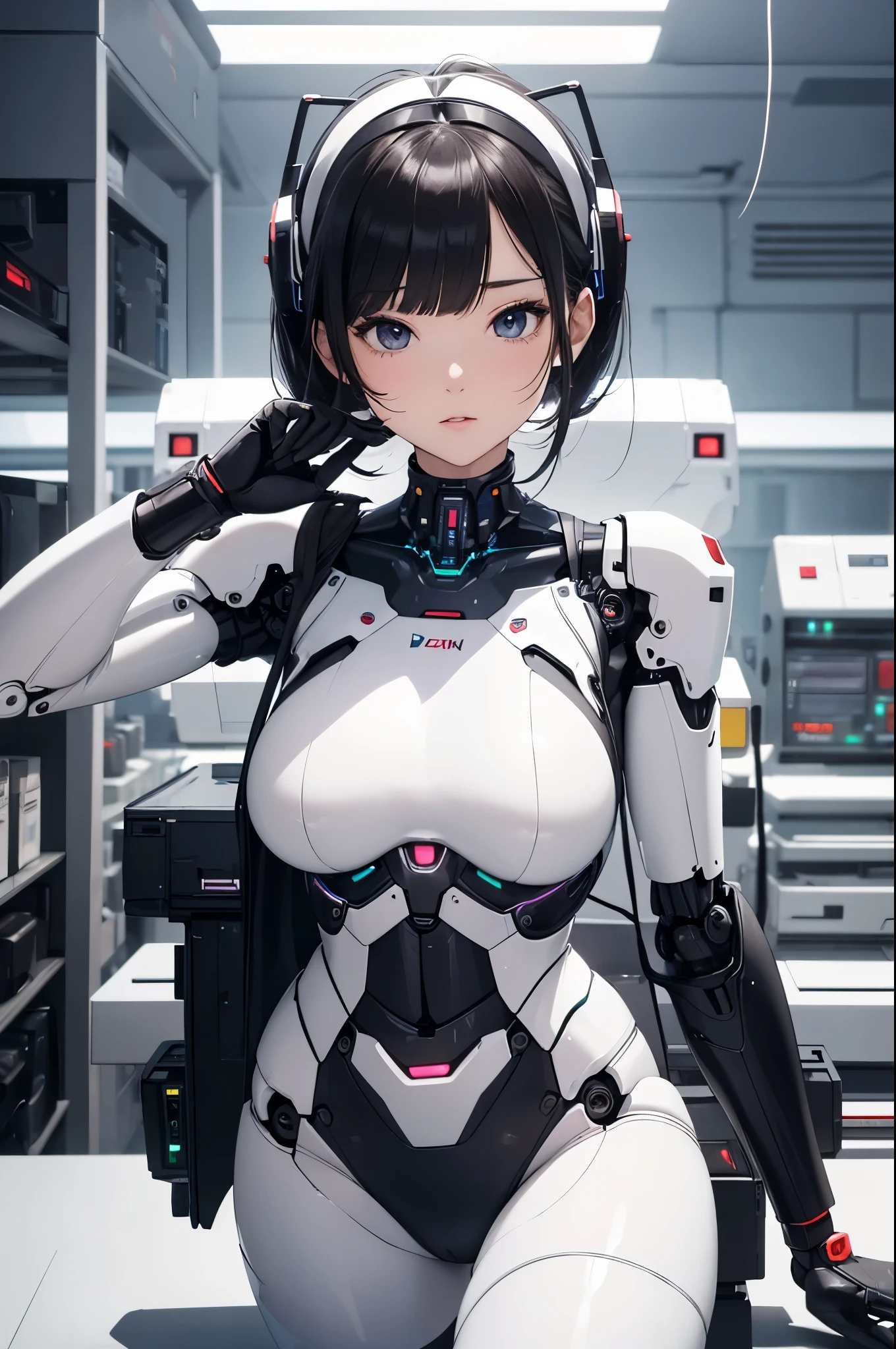 masterpiece, best quality, extremely detailed, (8K, 4K, Best Quality, hight resolution, 超A high resolution:1.1), 8k portrait, Japaese android Girl,Plump , dark black leg cover,announcer,control panels,android,Droid,Mechanical Hand, Robot arms and legs, Black Robot Parts,Black hair,Mechanical body,Blunt bangs,perfect mechanical abdomen,White robotics parts,perfect robot woman,future laboratory,cyber pank,charging spot,laboratory,long tube,thick cable connected her neck,ceramic body ,perfect mechanical body, white robot body,lod antenna,mechanical ear cover,android,robot humanoid,black sponge joints,The removable cover is in the groin,The connection port is in the groin,opened chest panel,access panel on the chest,opened breast panel,mechanical breast,perfect machine body,She has repaired,assembly plant,wired body ,