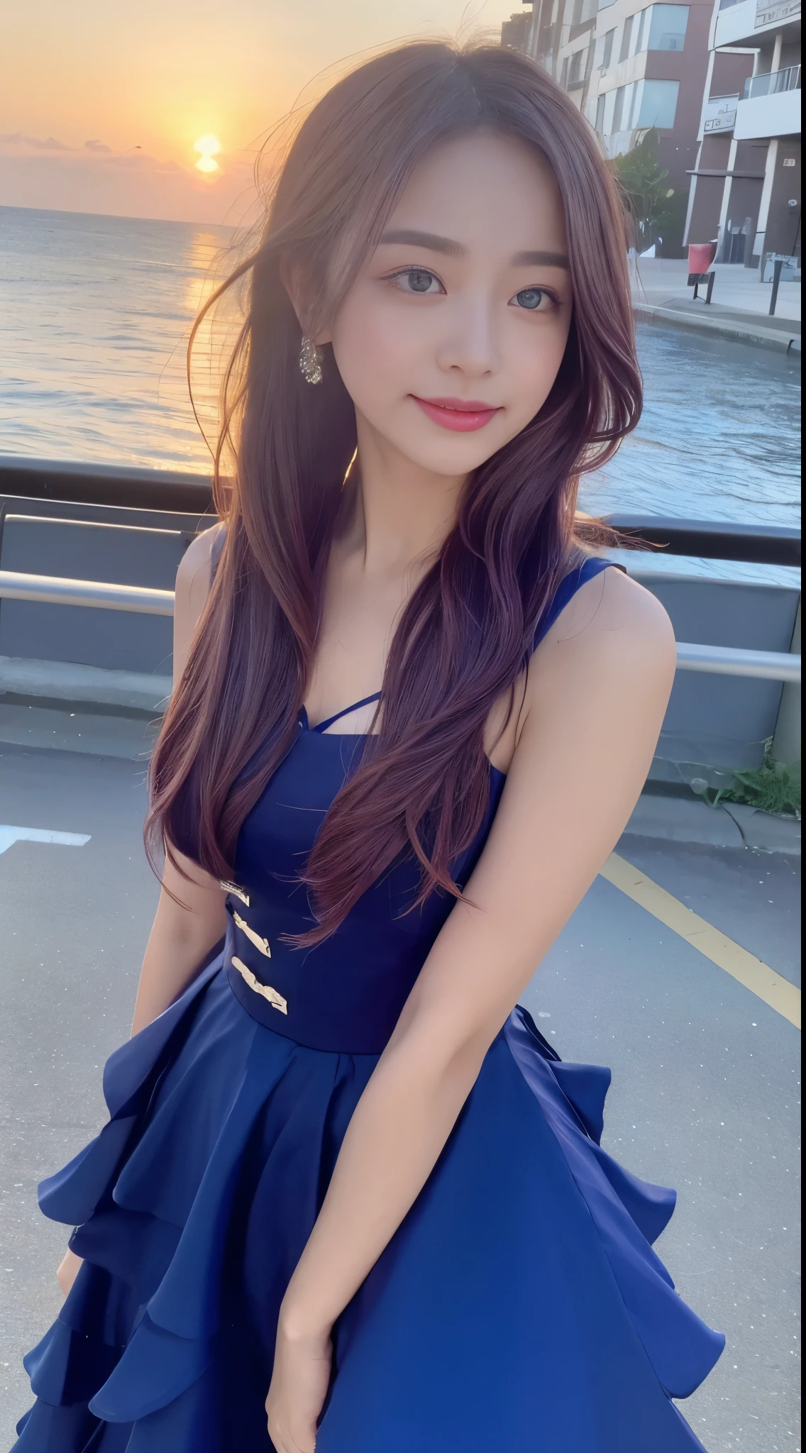 ((highest quality, 8K, masterpiece: 1.3)), concentrated: 1.2, perfect beauty: 1.4, butt: 1.2, ((layered hairstyles, chest: 1.2)), (wet clothes: 1.1), (sunset, street: 1.3), Half Way Dresses: 1.1, Highly detailed face and skin texture, narrow eyes, double eyelid, Whitening skin, long hair, (shut up: 1.3), smile, Unreal beauty,((Cobalt blue sea background)),pink blush and gloss on cheeks and lips,her costume is a purple dress,