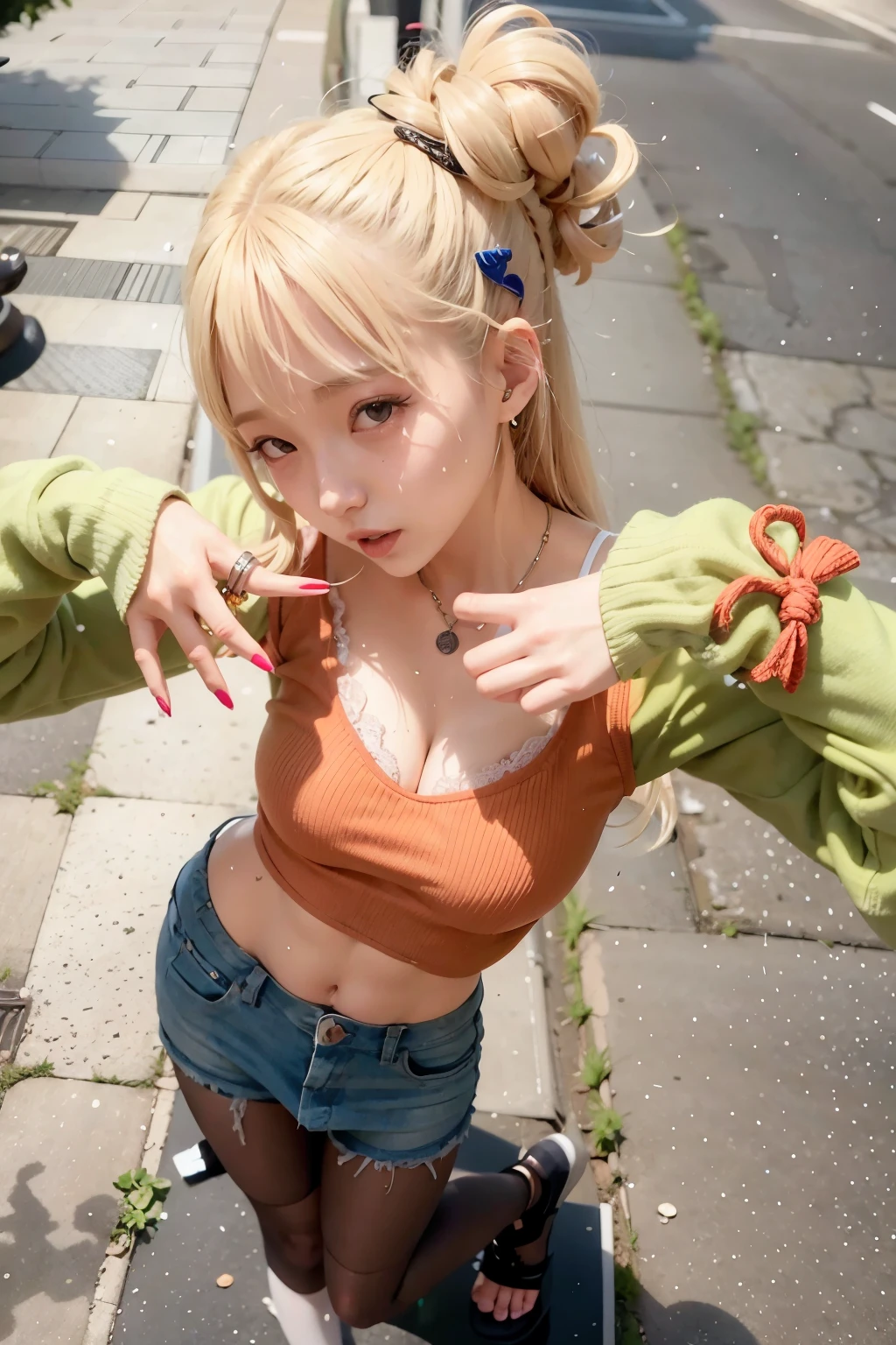 blonde woman with messy hair and messy blouse on a city street, garota de anime na vida real, cosplayer vestido de caranguejo, Cosplay de Ayaka, personagem de anime; arte de corpo inteiro, Sun Yunjoo, pare quatro *, Ulzzang, Anime Garota Cosplay, cruel korean goth girl, anime style, Rena nunen estilo 3/4, pare quatro