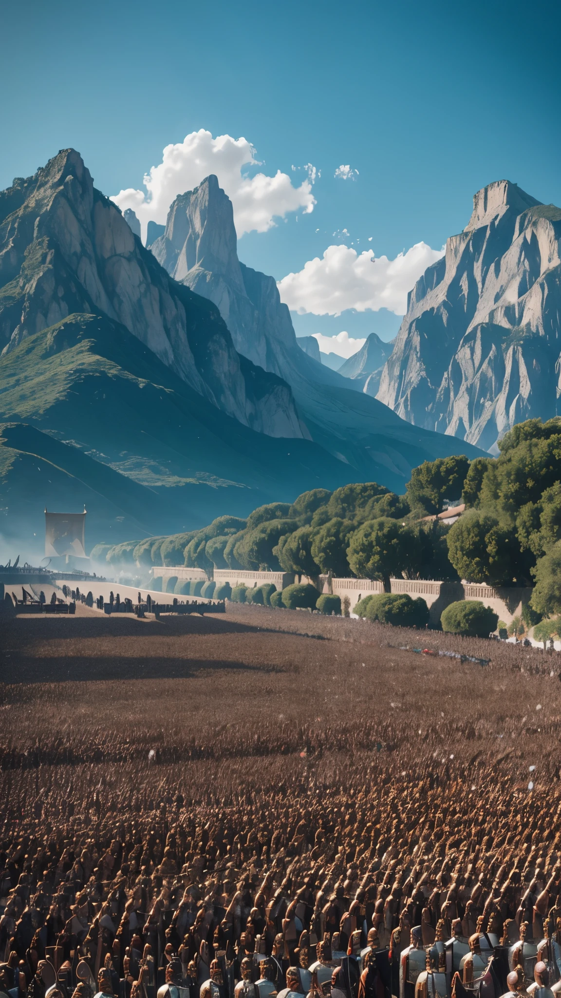 A vast, sprawling array of King Roderick’s twenty-five thousand soldiers assembled in formation, a sea of determined faces and glinting armor under the Spanish sun, mountains in the distance, emblematic banners fluttering, cinematic, 4k, hyper-realistic