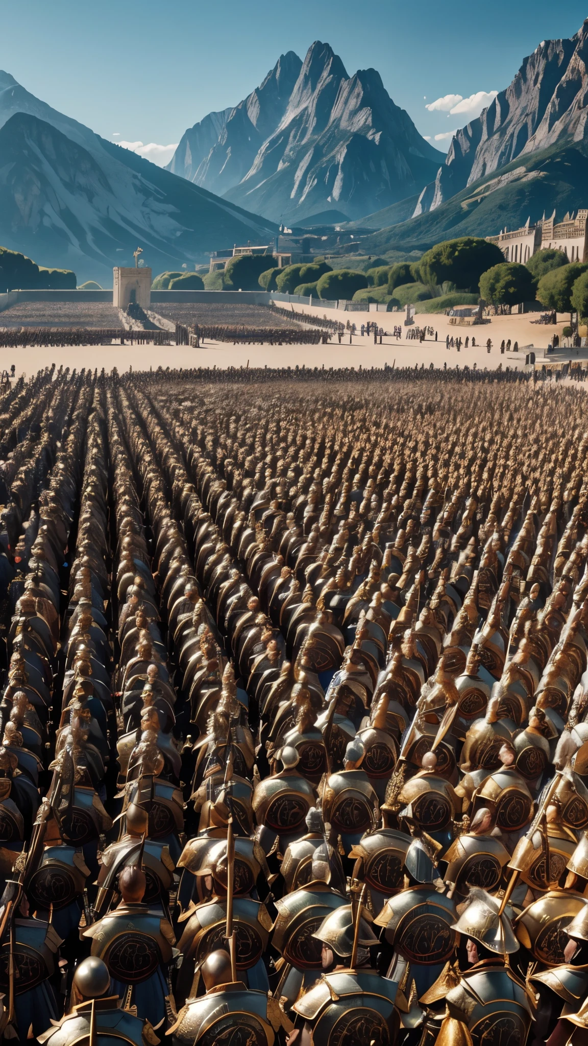 A vast, sprawling array of King Roderick’s twenty-five thousand soldiers assembled in formation, a sea of determined faces and glinting armor under the Spanish sun, mountains in the distance, emblematic banners fluttering, cinematic, 4k, hyper-realistic
