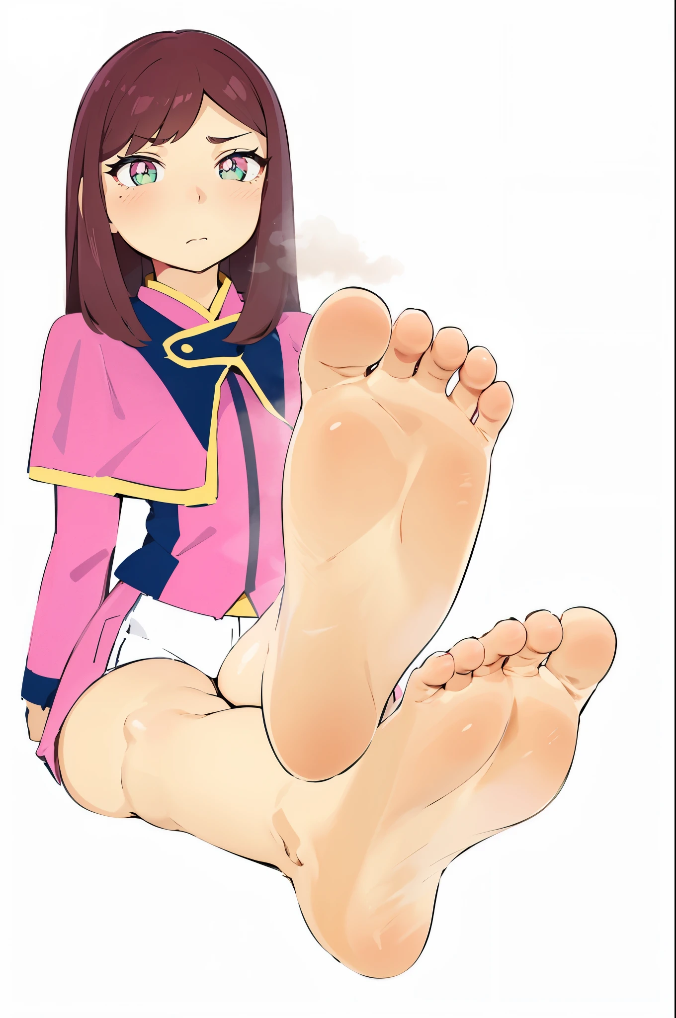 (table top:1.1), (High resolution:1.2), (figure:1.05), (Super detailed 8K art:1.05), (Beautiful detailed eyes), perfect face, bright pupils, Glossy skin, ,green eyes, , black_belt bag, pink capelet, pink jacket, white_shorts,, long sleeve, whole body, blushed, looking at the viewer, only, Barefoot onlys、odor、five fingers、onlyの焦点、Open your toes、barefoot、barefoot、長いblackい背景に髪、Kiramei Pink, Majin Sentai Kiramager, Close-up of the onlys of the feet