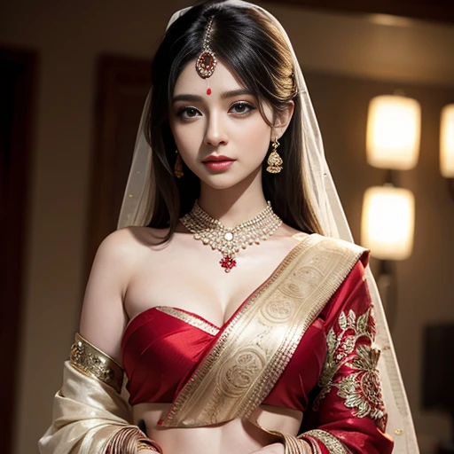 ***Desi girl***,slim face,natural skin,wearing red bridal saree,charming black hair,((hair ends are blonde)), wedding background,bokeh