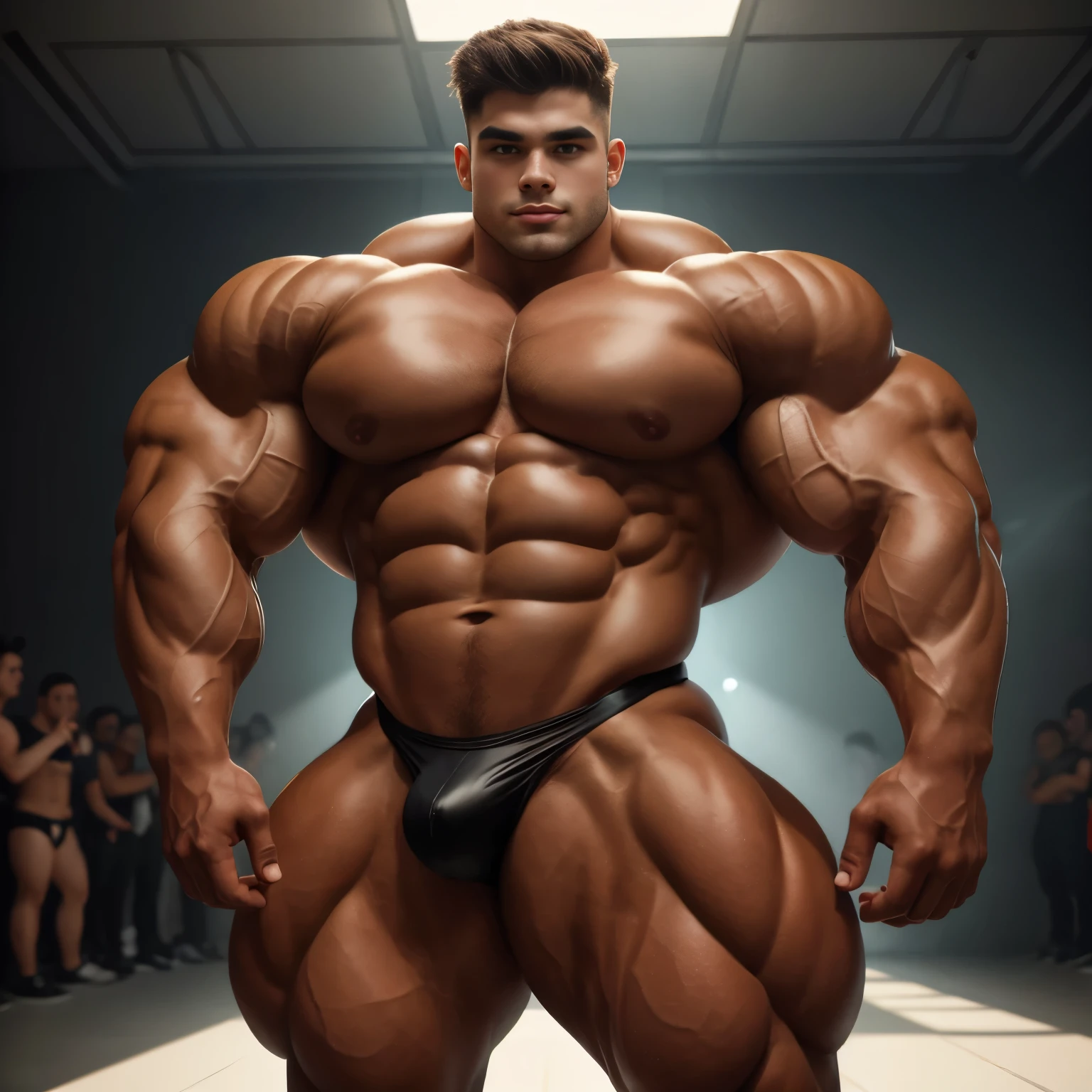 solo 18 year old male bodybuilder, embodying a perfect fusion of Dominick Nicolai and Spencer Boldman, with pouty full features, wearing a shiny black pro-style bodybuilder's competition posing thong, highly detaIled, fascinating aesthetic, photo-realistic composition has plump fullness & oily sheen, studio lighting, photographer's background, proud smirk, flawlessly rendered anatomy, HDR, physically based rendering, detailed face with eyelashes, fascinating aesthetic that leaves the viewer captivated by the bodybuilder's appearance, Disney Heartthrob