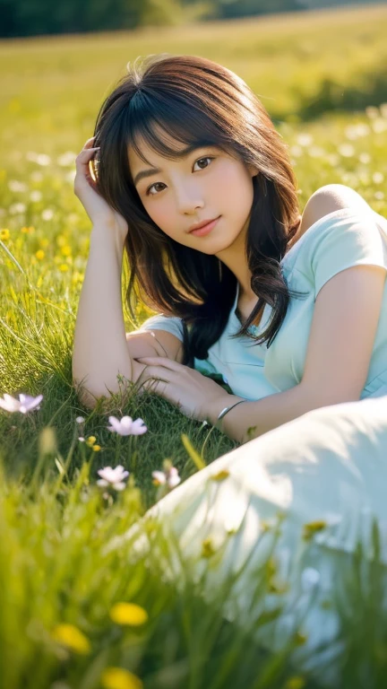((High-resolution image of a Japanese woman in a Dreamy Reclining Pose, in a serene meadow or by a tranquil lakeside, or in a softly decorated room.)) ((Relaxed and dreamlike expression, with a serene gaze; large eyes, small nose, and gentle features; black shoulder-length bob, C cup.)) ((Background that enhances her peaceful and dreamy aura. No other figures present.))