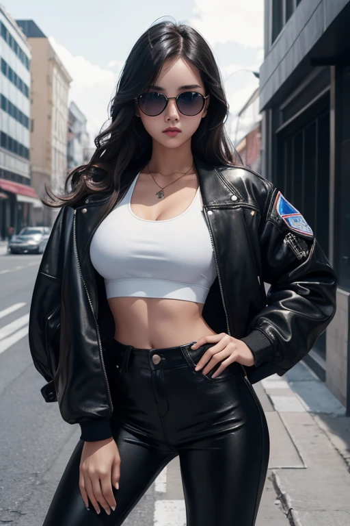 Female, Cool Girl, Beauty Girl, Tomboy, Long Wave Hair, Mole under right eye, Black Glasses, D Cup Breast, White Crop Top, Blue Jacket, Black Leather Pants, Slim Body, Full Body, High Quality, Very Detail, High Resolution, Highly Detailed