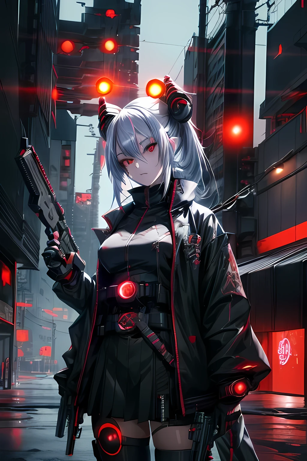 Anime girl with red eyes and black costume with gun, Best anime 4k konachan wallpaper, From Arknights, Badass anime 8 K, cyberpunk anime girl mech, demon anime girl, cyborg - girl with silver hair, anime cyberpunk art, with red glowing eyes, style of anime4 K, cyberpunk anime girl, Digital cyberpunk anime art, with glowing red eyes