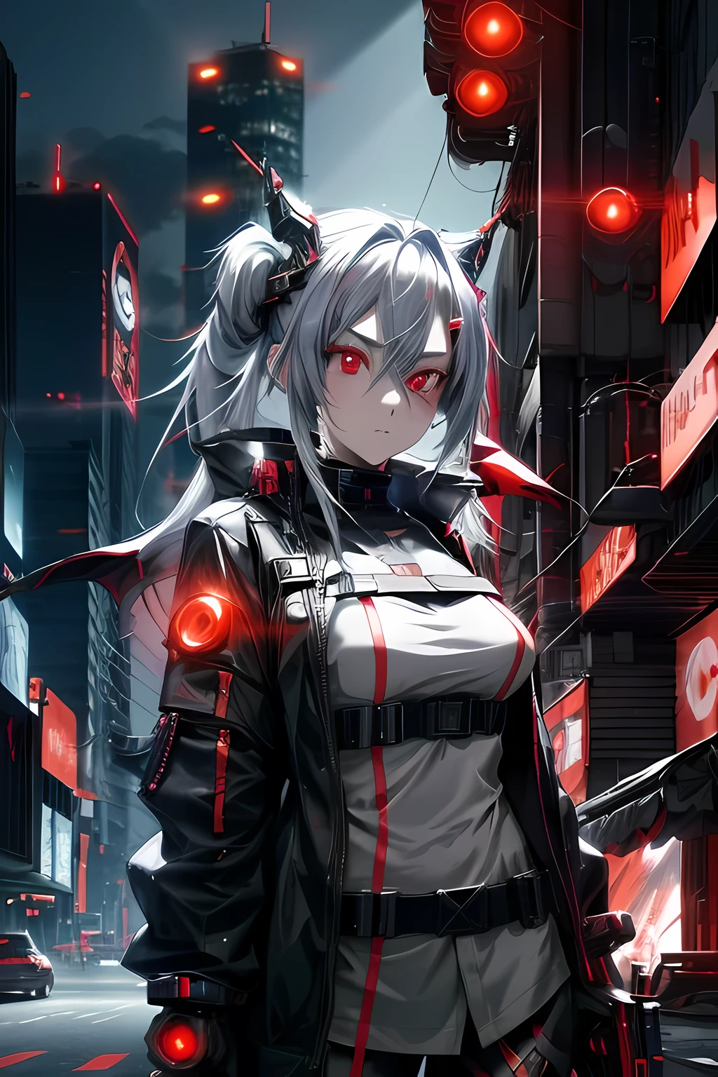 Anime girl with red eyes and black costume with gun, Best anime 4k konachan wallpaper, From Arknights, Badass anime 8 K, cyberpunk anime girl mech, demon anime girl, cyborg - girl with silver hair, anime cyberpunk art, with red glowing eyes, style of anime4 K, cyberpunk anime girl, Digital cyberpunk anime art, with glowing red eyes