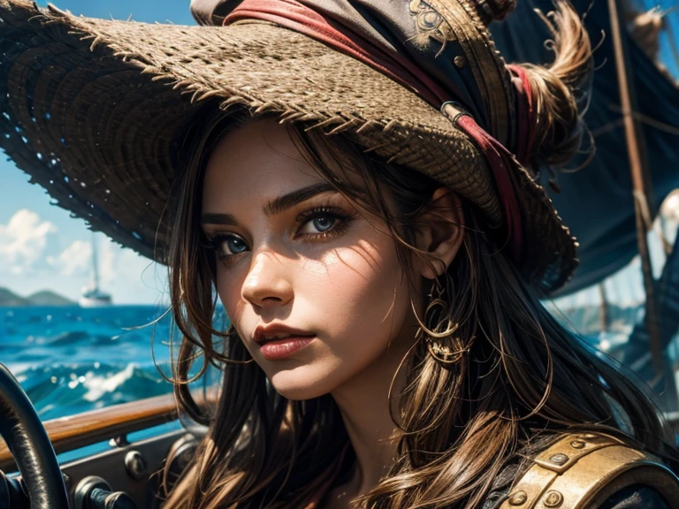 best quality), (high detail), (vivid colors), (Close up), (1girl), a beautiful female pirate captain sailing on the high seas, HDR, 4K, 3D, graffiti art style.