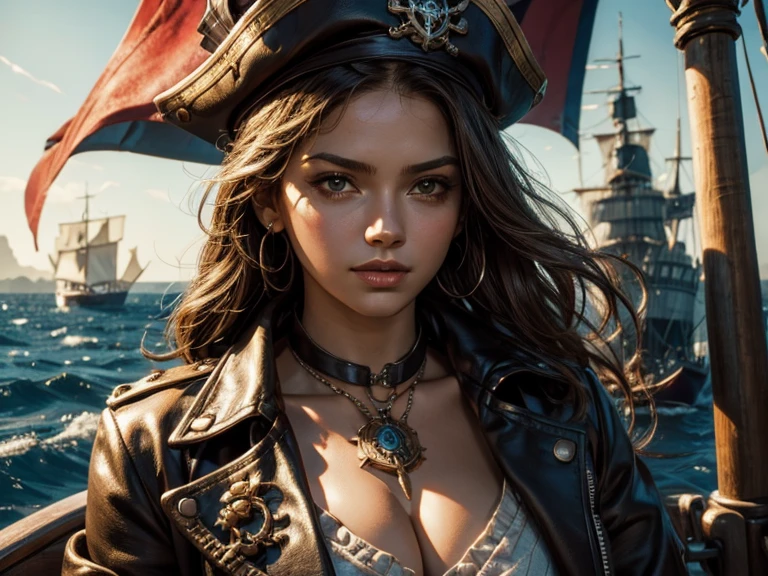 best quality), (high detail), (vivid colors), (Close up), (1girl), a beautiful female pirate captain sailing on the high seas, HDR, 4K, 3D, graffiti art style.