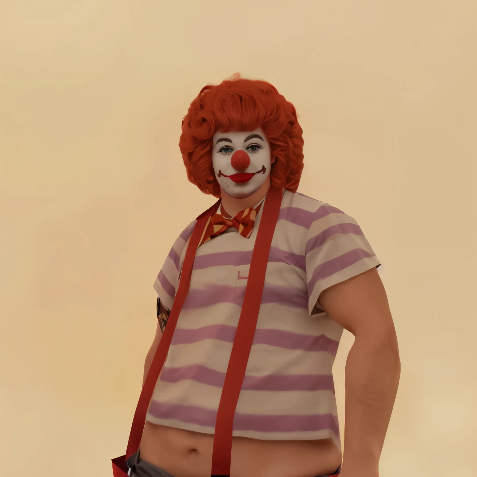 like a real person, make everything more real, cinematic, HD detailed, more realistic, 8k, red curly hair, clown face, clown face, clown, wearing a red bow tie,