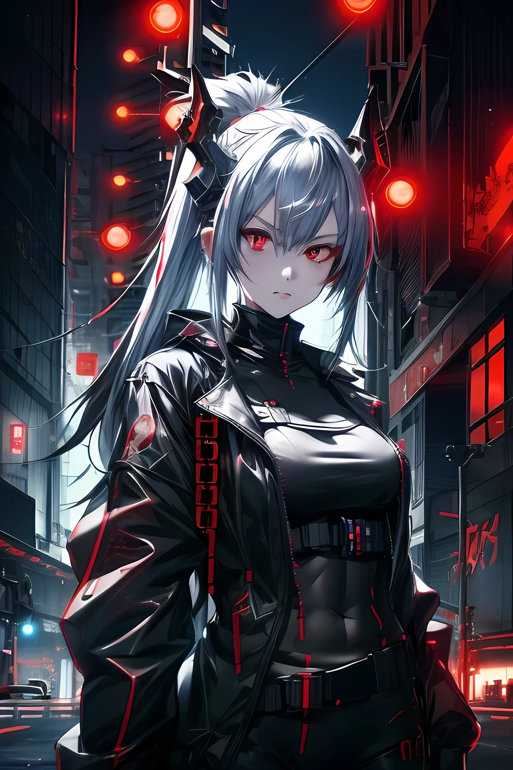 Anime girl with red eyes and black costume with gun, Best anime 4k konachan wallpaper, From Arknights, Badass anime 8 K, cyberpunk anime girl mech, demon anime girl, cyborg - girl with silver hair, anime cyberpunk art, with red glowing eyes, style of anime4 K, cyberpunk anime girl, Digital cyberpunk anime art, with glowing red eyes