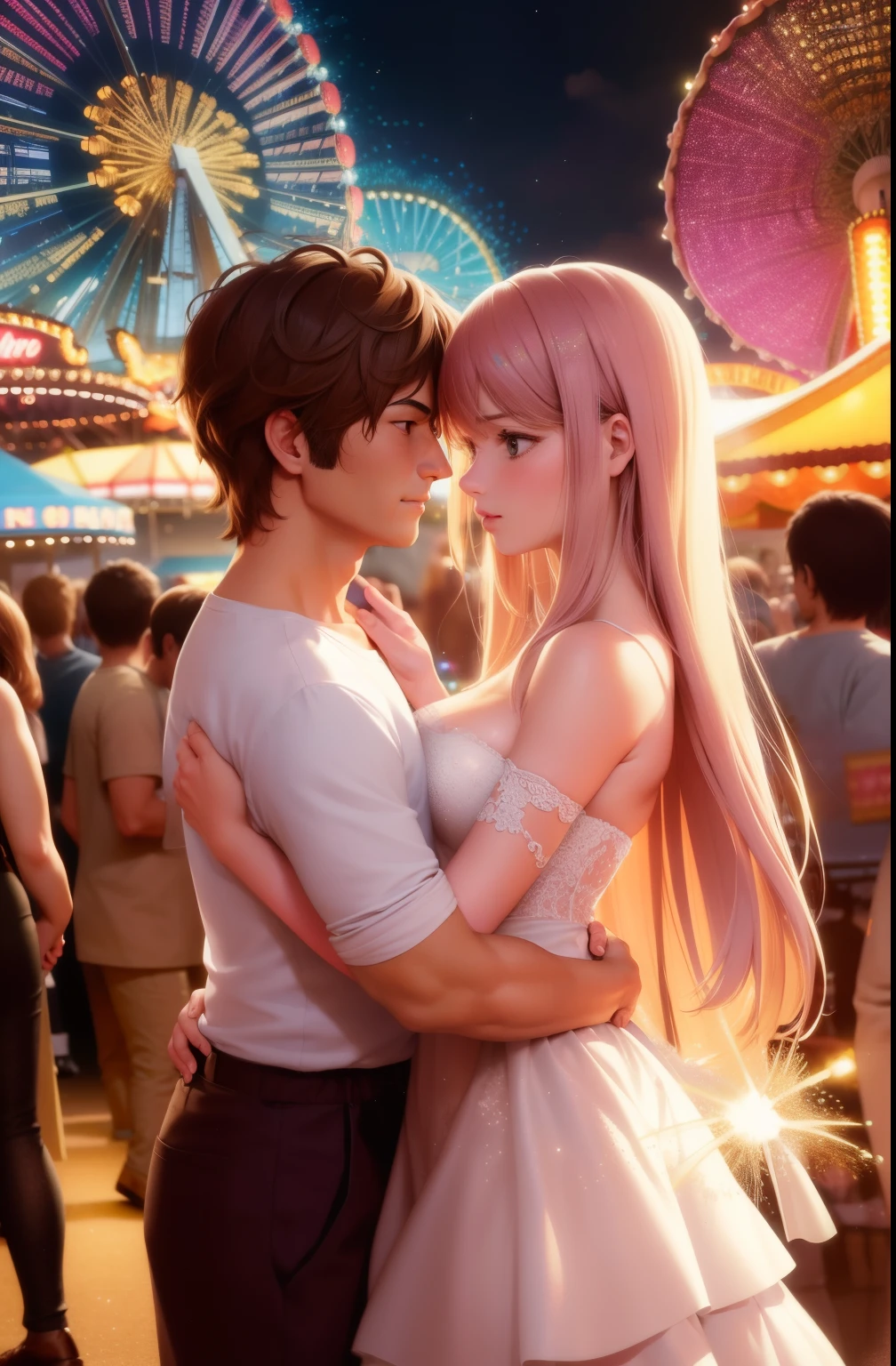 realistic, masterpiece, highres, (glow particles:1.3), moonlight, lens flare,( cinematic light),illustration,Amusement Park, (crowd:1.4),Fireworks,[:(detailed face:1.2):0.2] , detailed, detailed clothing, detailed background ,1 female, 1 male,dynamic pose,30 yo,(disheveled hair:1.2),lustrous skin,wearing white t-shirt, (ear piercing:0.5), (necklace:0.5),  (looking at each other), romantic couple,