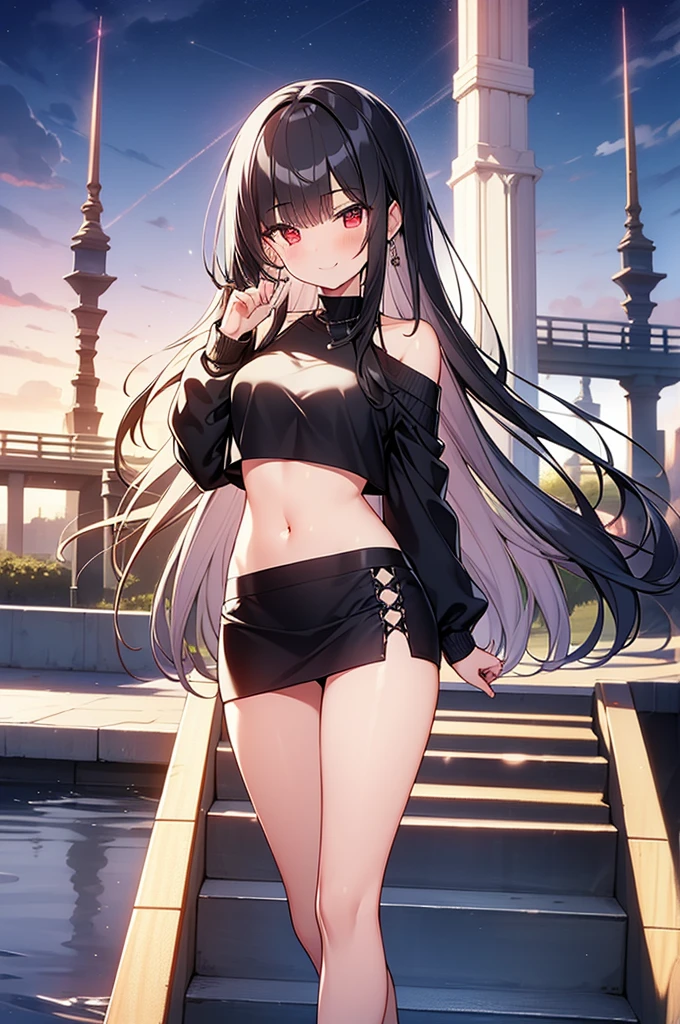 (masterpiece), (best quality), (4k resolution), (anatomy; perfect), , 1 girl, fair skin, red eyes, black hair), detailed eyes, perfect face, (locks, bangs), loose hair, (light effects in hair), eyebrow, nose, ear, tight mouth, smiling, sweatshirt OFF SHOULDER TOP, short skirt, tightig chest), (perfect belly), (perfect waist), Beautiful and perfect legs, standing, background scenery, in the park, new year, beautiful night, night lighting, looking at viewer shy, detailed line art, beautiful artstyle, Open front))), (((Navel )))