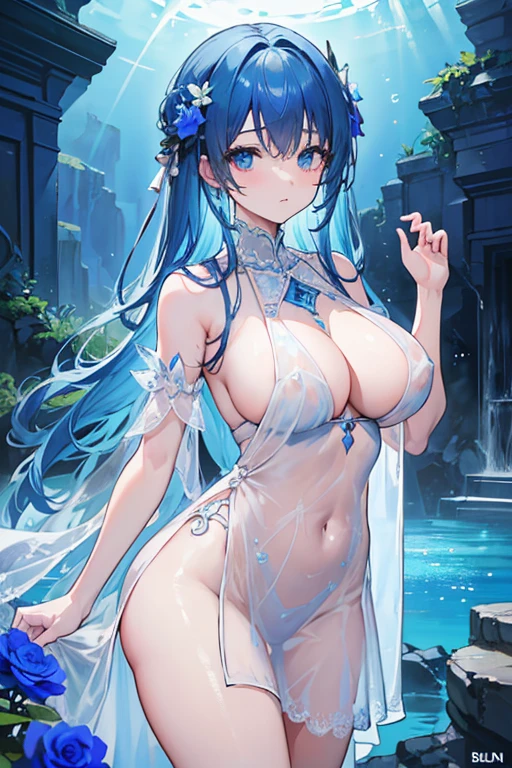 (highest quality, 8K, 32K, masterpiece, UHD: 1.3), 1 female, (Oversized: 1.3), perfect figure,, (attractive), (Sheer skin)) 、((((Transparent see-through dress))))、see-through dresses、lace sheer dress、Transparent dress、Sheer skin、Transparent dressを着た美しい裸の女性、solo、best style、big breasts、The most beautiful in the world、unparalleled beauty、long hair、 ((blue bathhouse)),、Blue lighting. concept art stunning atmosphere, blue atmosphere, beautiful concept art, dark majestic gorgeous pool、(blue water辺、blue water)、blue stone、blue stone、blue reflection、Cyan color、get wet in blue water、Blue light、blue flower、Blue roses、Blue World、Expressive、sexy pose、sexy design、nipple