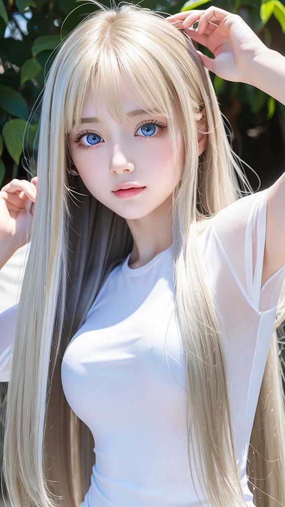 shiny transparent white skin、Wind hair gets in the way of a pretty face、Colossal、20 year old cute sexy little beautiful face、Beautiful straight hair that stands out、Very beautiful bright light blue big eyes、very big eyes、long silky bangs that cover between the eyes, Hair hiding one eye super long hair sexy cute young woman long natural blonde shiny shiny hair