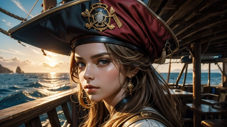 best quality), (high detail), (vivid colors), (Close up), (1girl), a beautiful female pirate captain sailing on the high seas, HDR, 4K, 3D, graffiti art style.