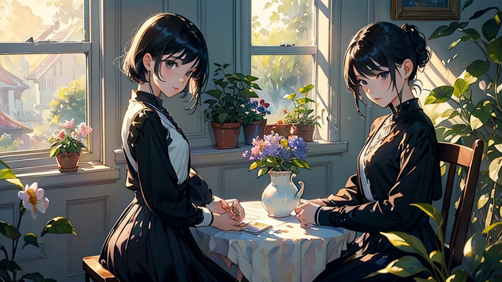 ((Watercolor by singer Sargent))、(top-quality、​masterpiece)、1girl in、、A stunning、Short black hair、Black eyes、tiny chest、校服、long  skirt、glasshouse、Flower Shop、The table、florals、tea set、window、aquarium、houseplant、 The tree,Soft light、