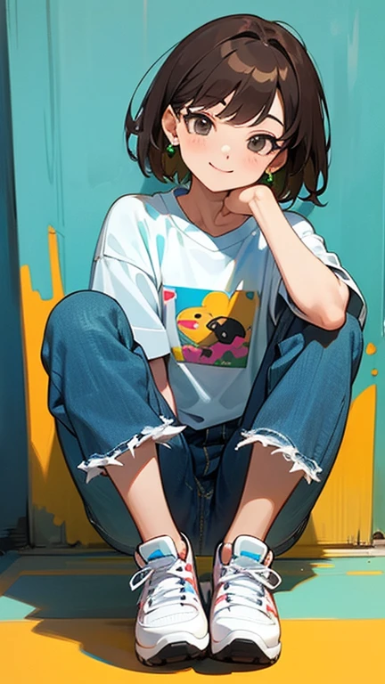 masterpiece, 最high quality, high quality, Female 1、30 years old,　Nurse teacher、smiling kindly, short hair、brown hair、bright yellow curtigan、denim jeans、sneakers、cute small earrings