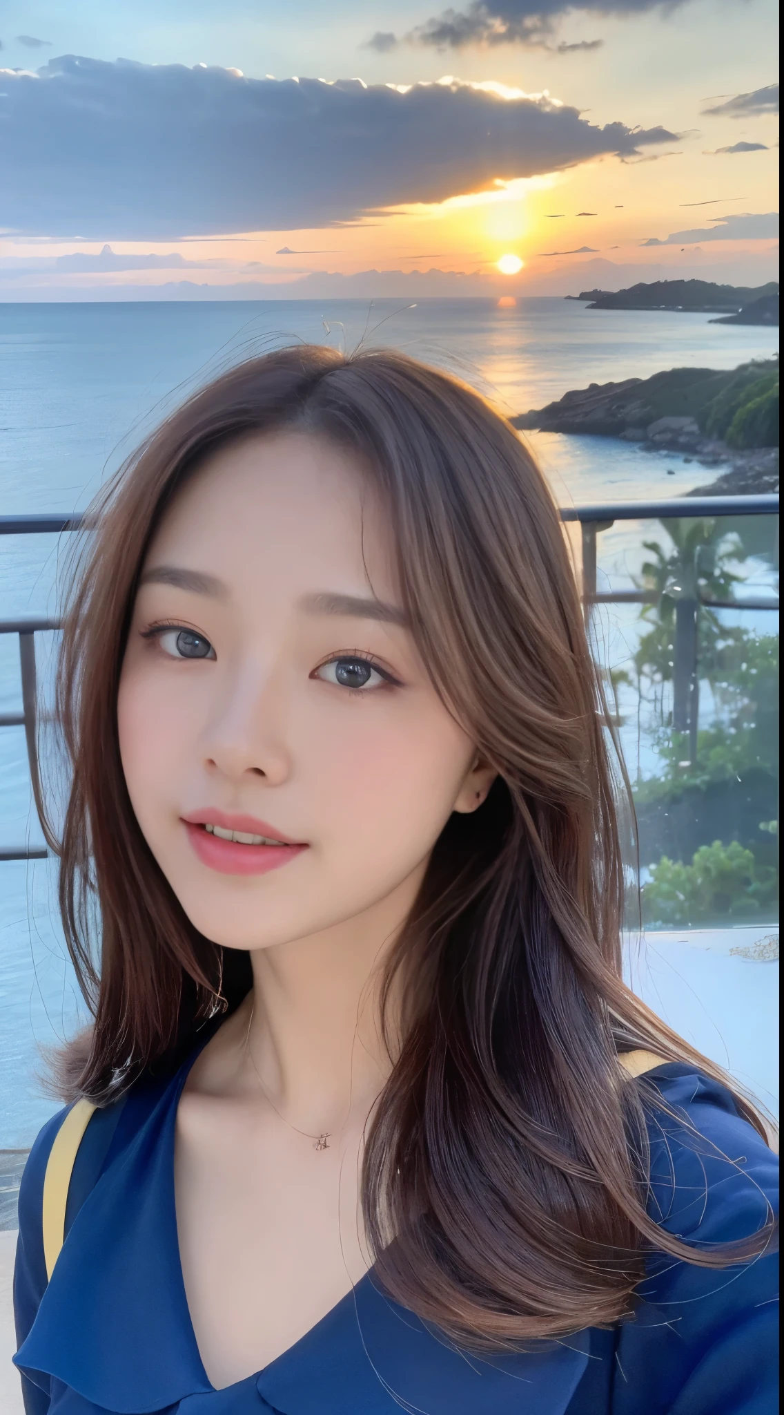 ((highest quality, 8K, masterpiece: 1.3)), concentrate: 1.2, perfect beauty: 1.4, butt: 1.2, ((layered hairstyles, chest: 1.2)), (wet clothes: 1.1), (sunset, street: 1.3), Half Way Dresses: 1.1, Highly detailed face and skin texture, narrow eyes, double eyelid, Whitening skin, long hair, (shut up: 1.3), smile, Unreal beauty,Cobalt blue sea background,Pink blush and gross on cheeks and lips,