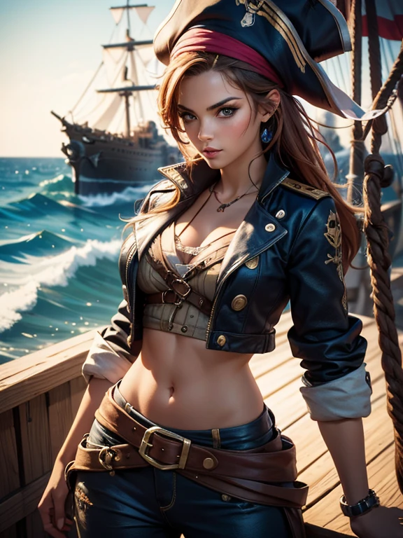 by Greg Rutkowski, modelshoot style, (extremely detailed CG unity 8k wallpaper), pirate girl in shorts sitting on a wooden deck, her hands folded crosswise, palm resting on her knee in pirate boots, dark fantasy style, masterpiece, highest quality, lens flare, shade, bloom, [[chromatic aberration]],  digital painting ,ultra-detailed ,  sharp focus, vivid colors