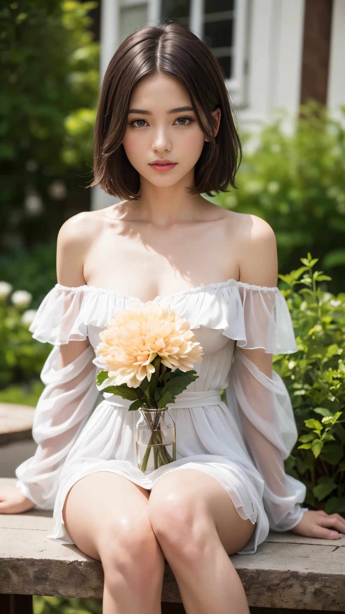 ((top quality, 8K, table top: 1.3, RAW photo)), sharp focus: 1.2, (1 Aespa Girl :1.1), (alone: 1.2), (realistic, realistic: 1.37), (face focus: 1.1), cute face, highly detailed face, small breasts, flat chest, messy short hair, small smile, (Off-the-shoulder chiffon dress: 1.3), lingerie, Sitting garden, flower, dahlia