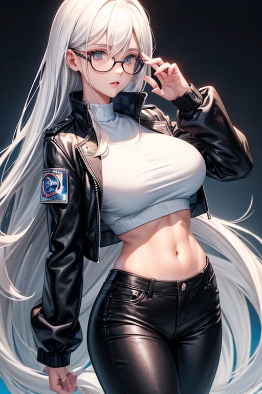 Female, Cool Girl, Tomboy, Long Wave Hair, Mole under right eye, Black Glasses, Big Breasts, White Crop Top, Blue Jacket, Black Leather Pants, Slim Body, Full Body, High Quality, Very Detail, High Resolution, Highly Detailed