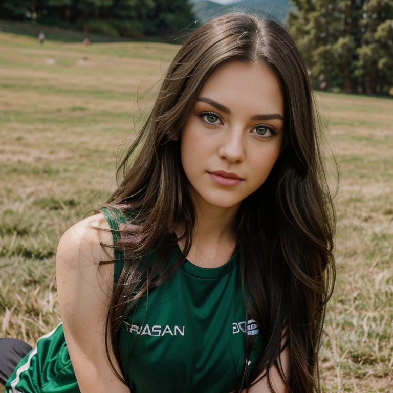 Brunette long hair, black long hair, emerald green eyes, big green eyes, cute nose, sexy lips, perfect face shape, 25 years old model , sport clothes , on mountain