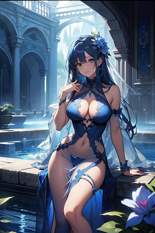 (highest quality, 8K, 32K, masterpiece, UHD: 1.3), 1 female, (Oversized: 1.3), perfect figure,, (attractive), (Sheer skin)) 、((((Transparent see-through dress))))、see-through dresses、lace sheer dress、Transparent dress、Sheer skin、Transparent dressを着た美しい裸の女性、solo、best style、、The most beautiful in the world、unparalleled beauty、long hair、 ((blue bathhouse)),、Blue lighting. concept art stunning atmosphere, blue atmosphere, beautiful concept art, dark majestic gorgeous pool、(blue water辺、blue water)、blue stone、blue stone、blue reflection、Cyan color、get wet in blue water、Blue light、blue flower、Blue roses、Blue World、Expressive、sexy pose、s design、nie