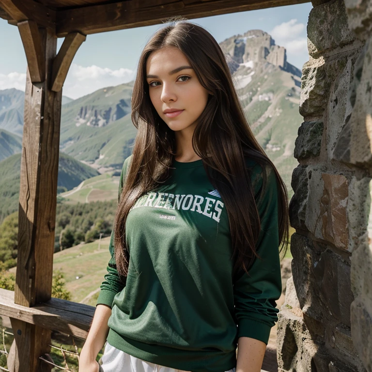 Brunette long hair, black long hair, emerald green eyes, big green eyes, cute nose, sexy lips, perfect face shape, 25 years old model , sport clothes , on mountain smiling big