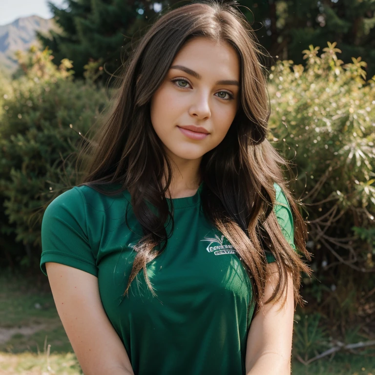 Brunette long hair, black long hair, emerald green eyes, big green eyes, cute nose, sexy lips, perfect face shape, 25 years old model , sport clothes , on mountain smiling big