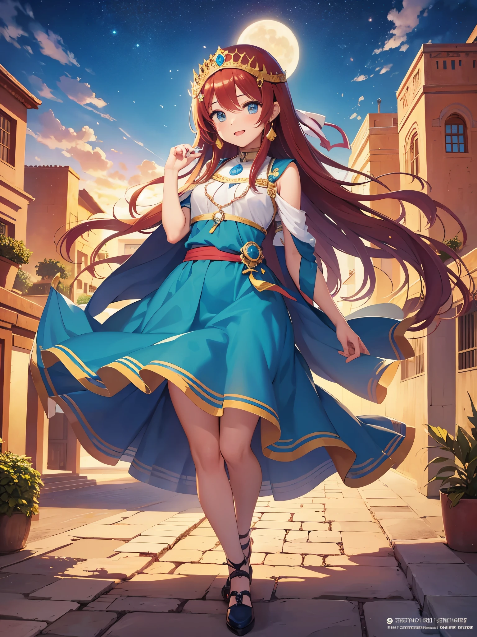 anime illustration high quality、cute moroccan princess、morocco city、city of red sun、The sky is half night、moon、morocco city
