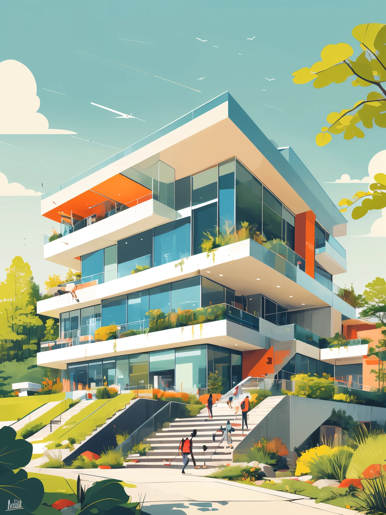 illustration of a modern style architecture, luxury, exquisite details, steps, Mint Green, Peach, Ivory