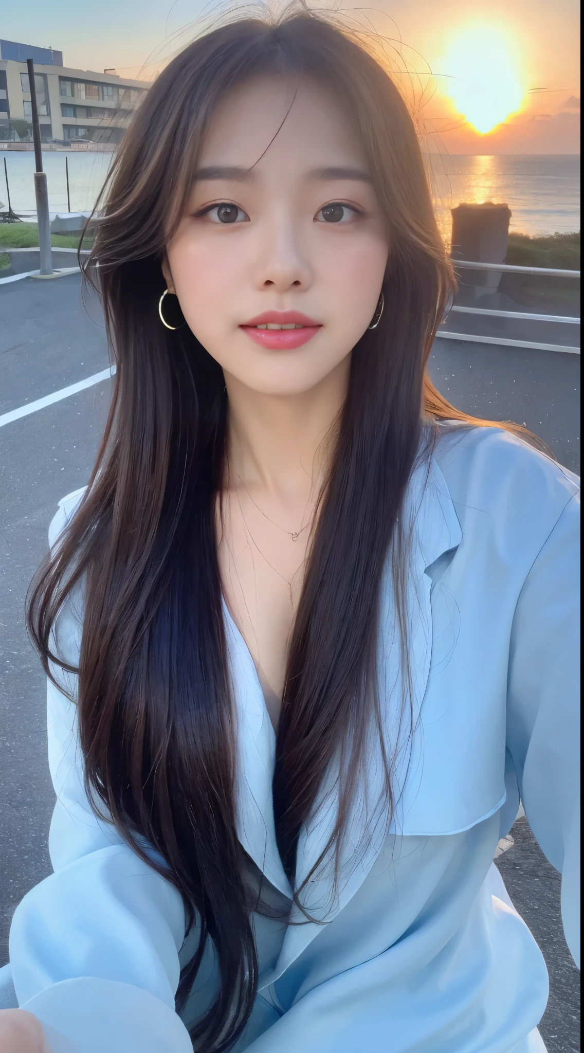 ((highest quality, 8K, masterpiece: 1.3)), concentrate: 1.2, perfect beauty: 1.4, butt: 1.2, ((layered hairstyles, chest: 1.2)), (wet clothes: 1.1), (sunset, street: 1.3), Half Way Dresses: 1.1, Highly detailed face and skin texture, narrow eyes, double eyelid, Whitening skin, long hair, (shut up: 1.3), smile, Unreal beauty,Cobalt blue sea background,Pink blush and gross on cheeks and lips,