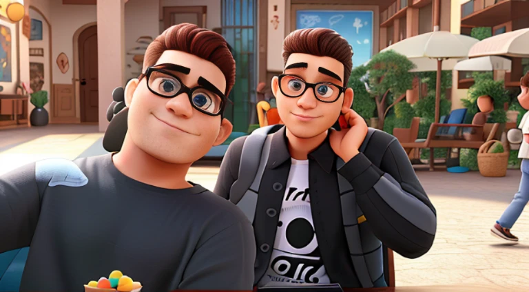 Dois homens moreno de cabelo preto e o outro cabelo branco com oculos escuro estilo disney pixar, alta qualidade, melhor qualidade