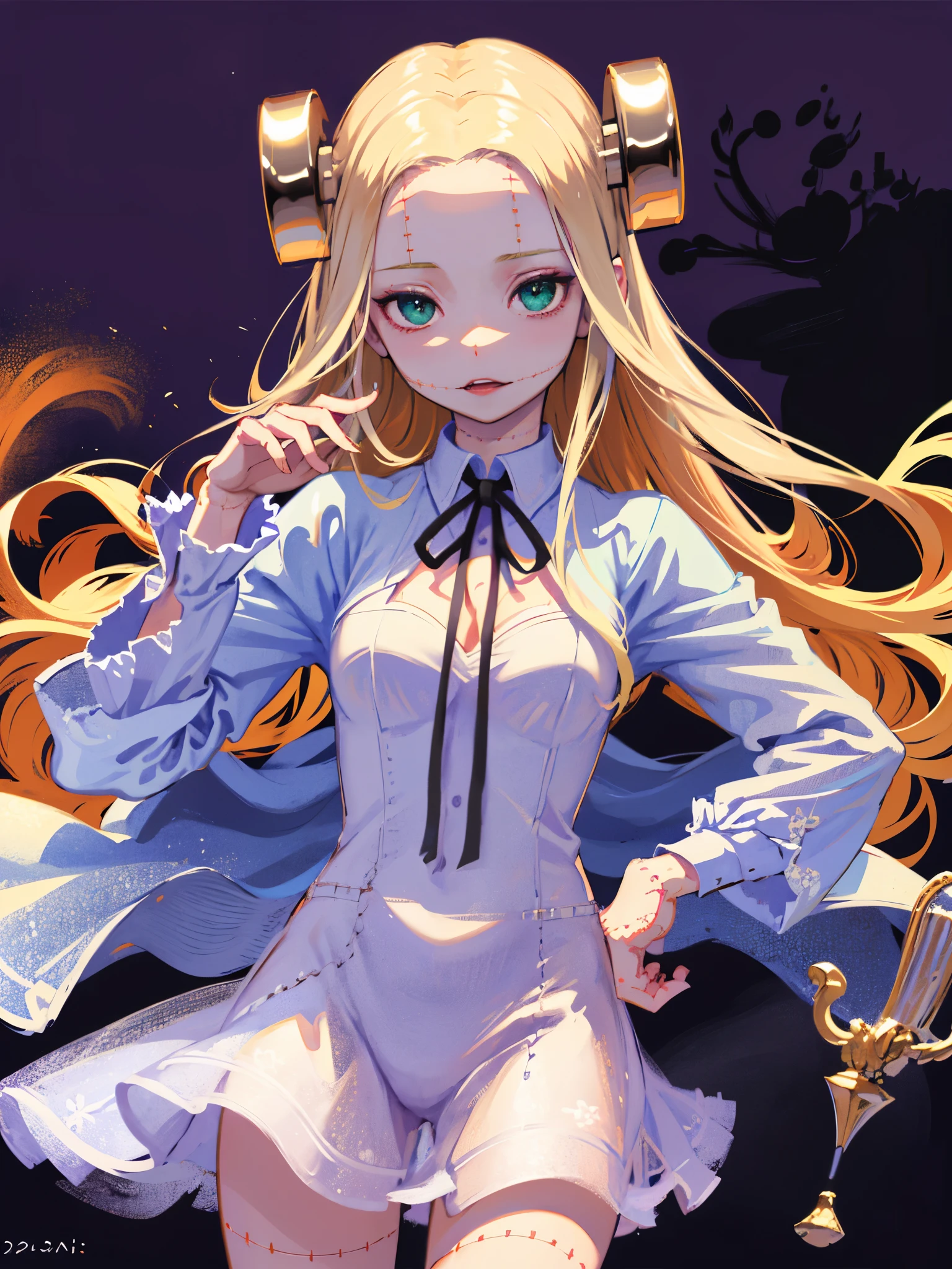 ((masterpiece, best quality)), (1girl), (solo), (female focus), (ash blonde hair, long hair, hair over one eye), green eyes, sad eyes, cold facial expression, cold look, pale skin, colour grading, dark illustration, extreme quality, radiant, extremely detailed, ultra-detailed face, ultra hd 8k, ultra digitality, mythical, dark lightning, perfect face, beautiful, (perfect composition: 1. 4), detailed face and body, award-winning photography , fields, detailed face, detailed hands, looking at the viewer, cinematic lighting, embers, (necromancer), (villain), (masterpiece, best quality, ultra-detailed, best shadow), (beautiful detailed face, feminine features), (best illumination), ((cinematic light)), colorful, hyper detail, dramatic light, intricate details, (dark circle under eyes), gothic, decadence, stunning, eerie, (madaraki fran)