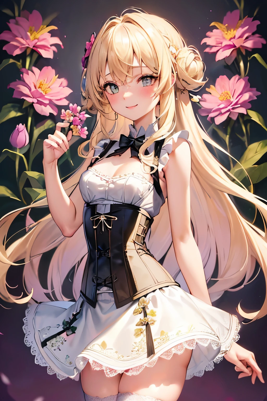 girl,cute,(thin blonde hair:1.2),(long hair with curls:1.2),(With bangs),(Eye size:1.5),(Lace dress:1.3),(corset:1.3),(blush:1.2),(small breasts:1.6),(Smile slightly:1.1),(whole body:1.3),(flower background:1.5),(white, pink, light blue, and yellow-green),