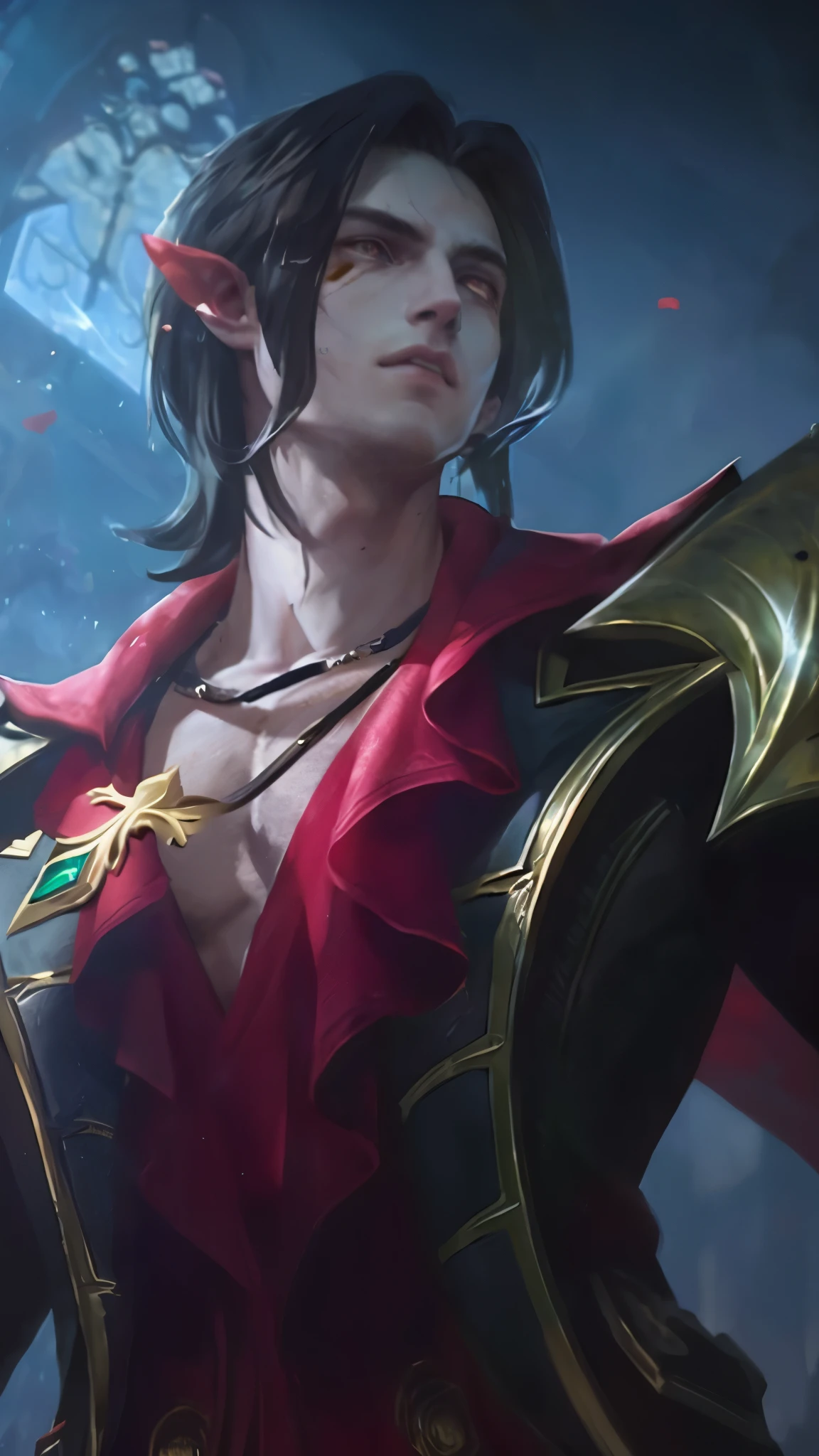 (Absurdres, Intricate Details, Masterpiece, Best Quality, High Resolution, 8k), 1 male, thin, young, aged up, masked, finely detailed eyes and face, auburn low-fade hair, amber eyes, portrait, looking at viewer, solo, half shot, detailed background, (light fantasy theme:1.1), focusing, mercenary, sunshine, floating scraps, color plate armor, divine aura, bright realistic lighting, marble castle, intense atmosphere, circlet, coat of arms, brazier, , Depth of Field, VFX.