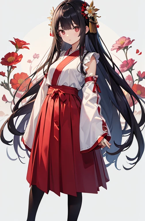 ((highest quality、8K、High resolution、masterpiece、Super detailed))、one android、girl、Full body photo of the front、((standing))、looking at the camera、black hair、Transparent as glass、long straight hair、bangs bangs、Flower kanzashi、Expressionless、(Miko costume)、Hakama skirt、band、No sleeve、wide sleeve、white shirt、Red skirt